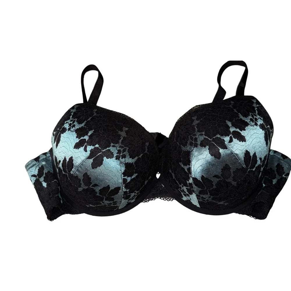 Torrid Curve Push-Up Plunge Bra 46D Teal Black‎ Floral Lace Underwire